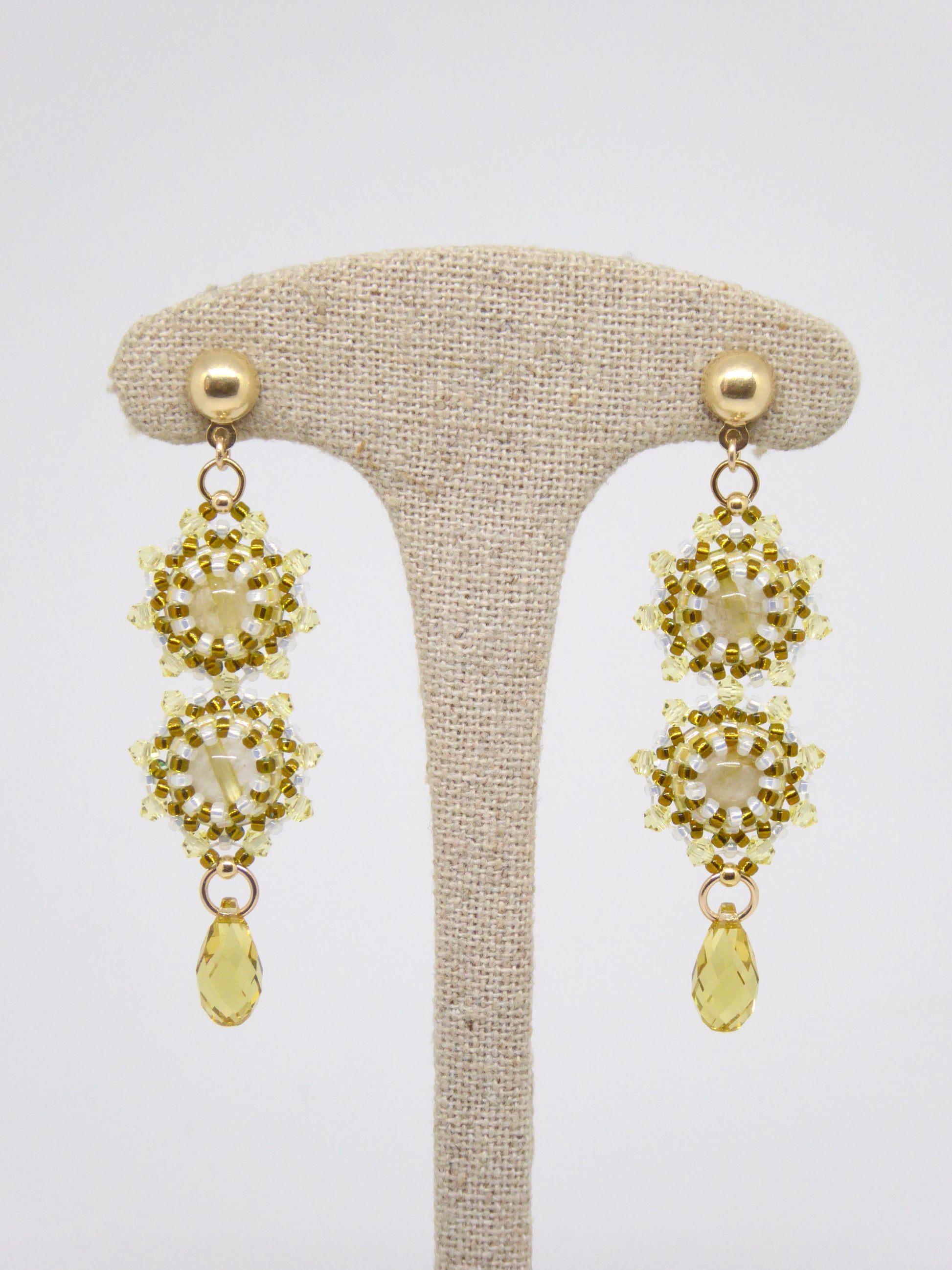 Boucles d'oreilles Gemini Tiss'Mé - pierre naturelle Quartz rutile doré et perles Miyuki - fait main Paris