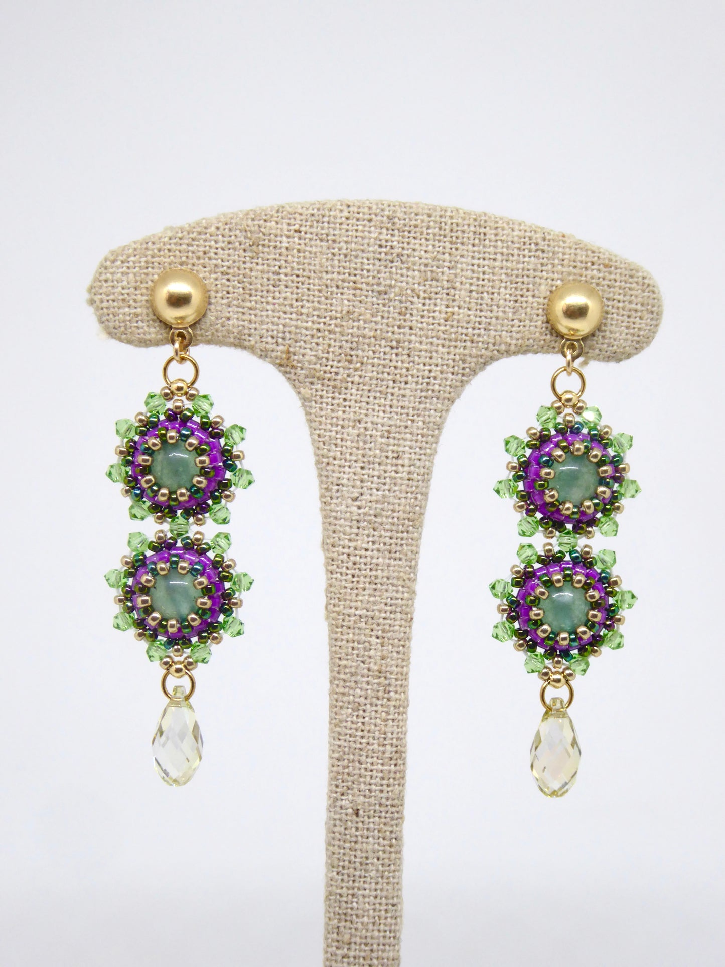 Boucles d'oreilles Gemini Tiss'Mé - pierre naturelle Aventurine verte et perles Miyuki - fait main Paris