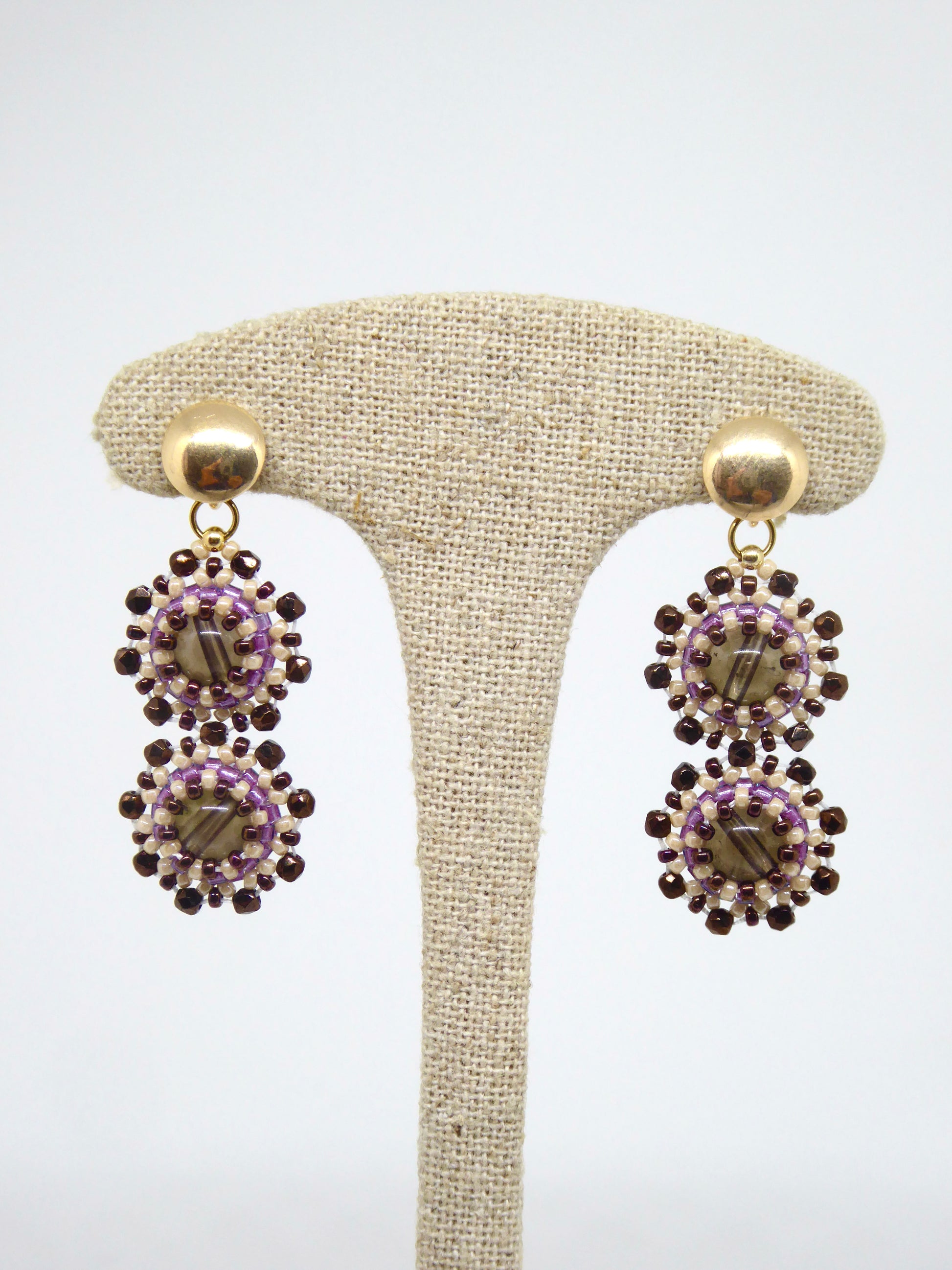 Boucles d'oreilles Gemini Tiss'Mé - pierre naturelle Quartz fumé et perles Miyuki - fait main Paris