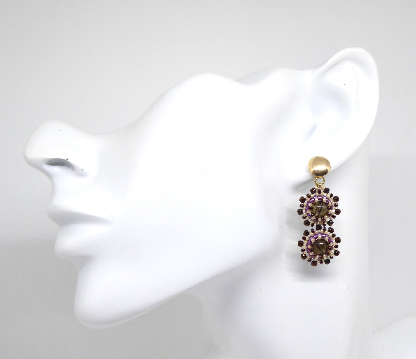 Boucles d'oreilles Gemini - pierre naturelle portée Quartz fumé - Bijoux artisanaux Tiss'Mé