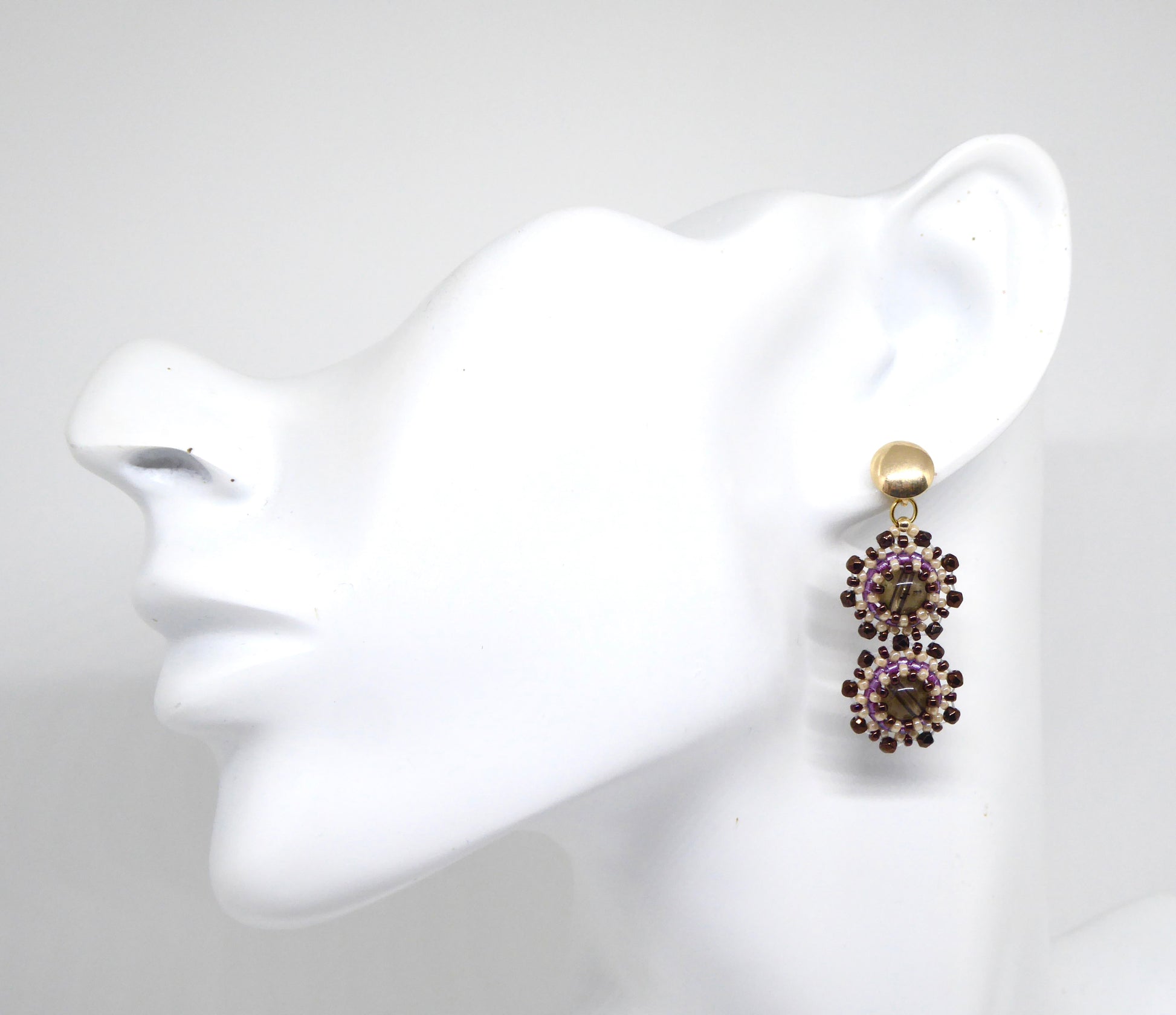 Boucles d'oreilles Gemini - pierre naturelle portée Quartz fumé - Bijoux artisanaux Tiss'Mé