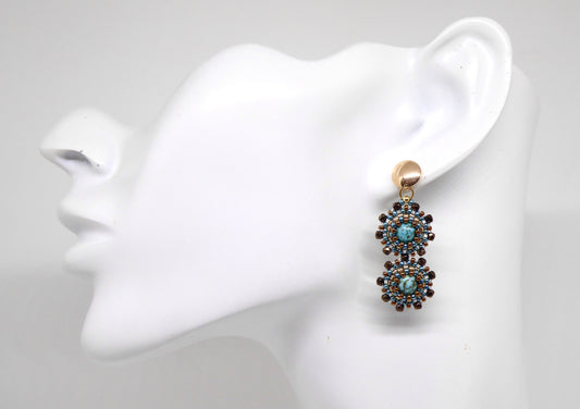 Boucles d'oreilles Gemini - pierre naturelle portée Turquoise - Bijoux artisanaux Tiss'Mé