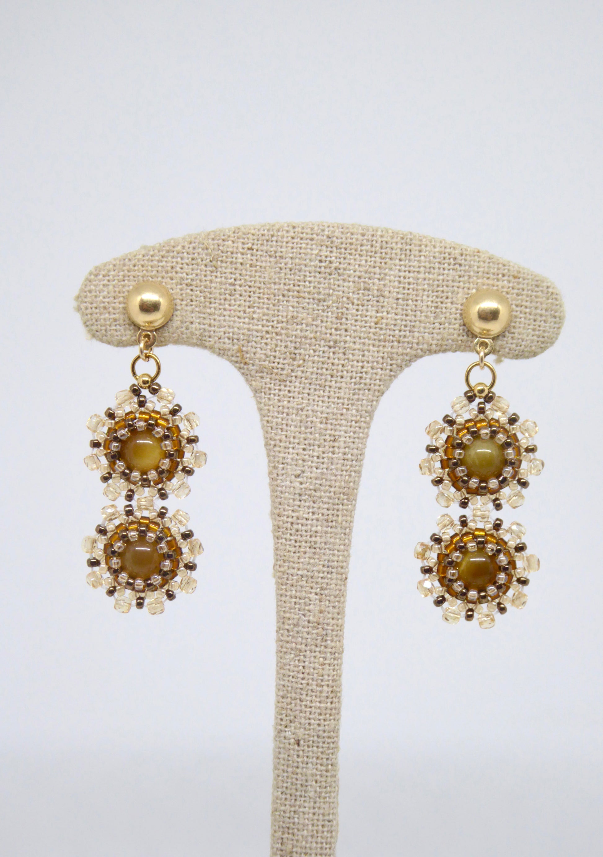Boucles d'oreilles Gemini Tiss'Mé - pierre naturelle Oeil de tigre et perles Miyuki - fait main Paris