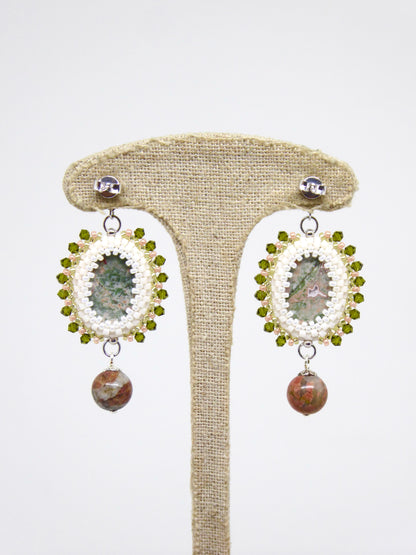 Verso boucles d'oreilles Hamnbourg - Tiss'Mé - sertissage pierre naturelle Jaspe vert rose - perles Miyuki
