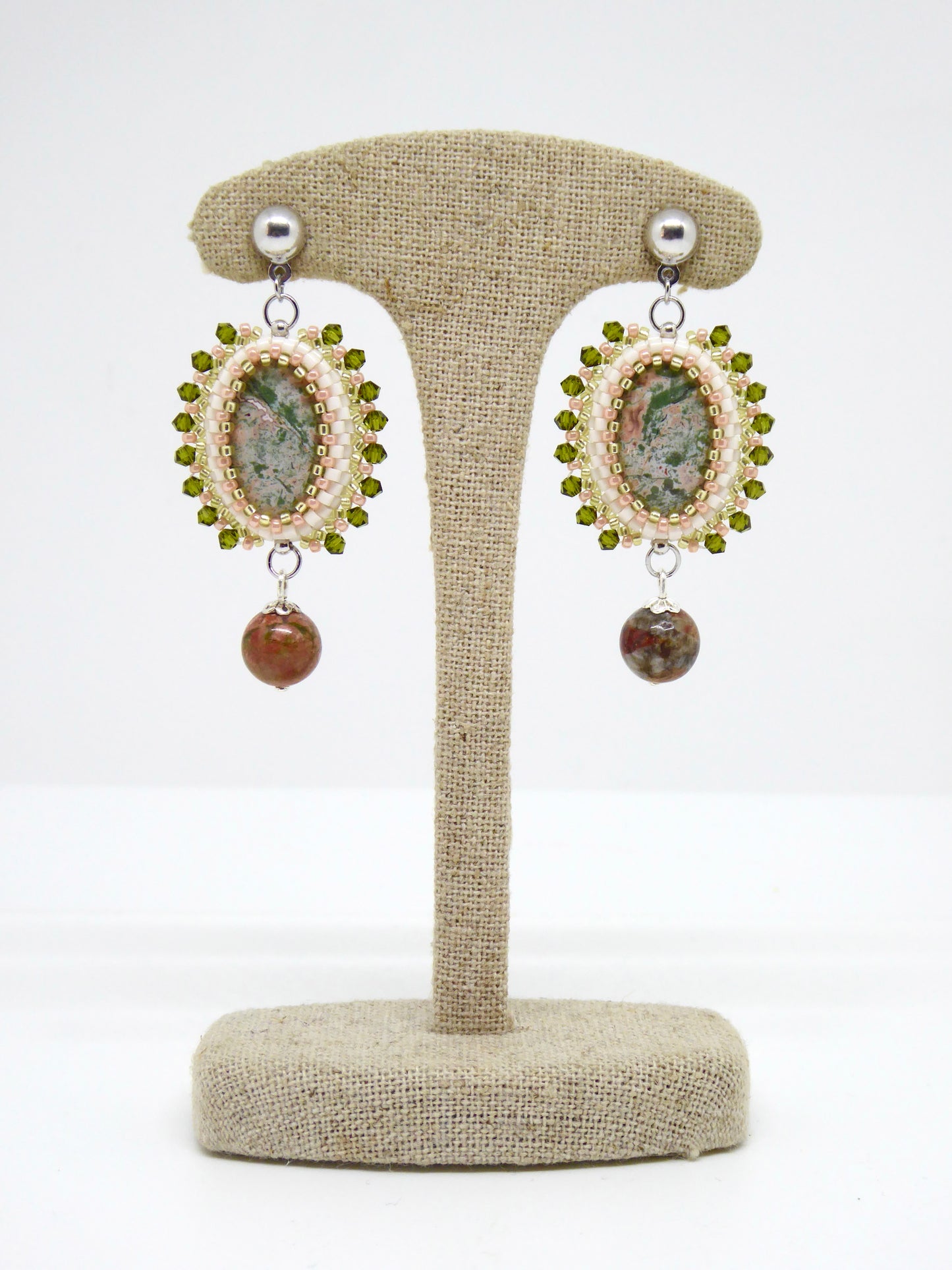 Boucles d’oreilles Hambourg - Tiss’Mé - pierre naturelle Jaspe vert rose - tissage perles Miyuki - argent 925/1000