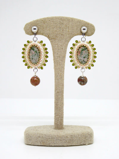 Boucles d’oreilles Hambourg - Tiss’Mé - pierre naturelle Jaspe vert rose - tissage perles Miyuki - argent 925/1000