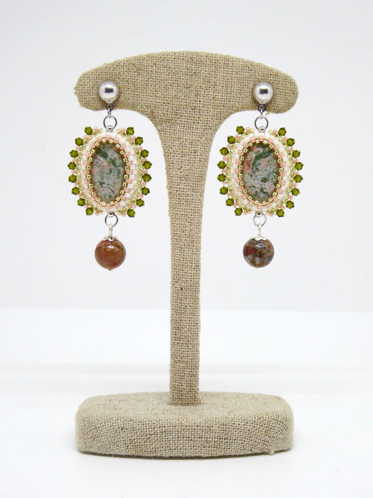 Boucles d’oreilles Hambourg - Tiss’Mé - pierre naturelle Jaspe vert rose - tissage perles Miyuki - argent 925/1000
