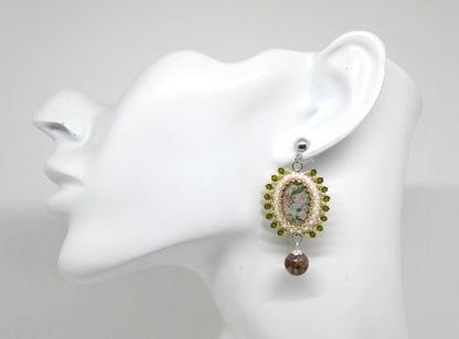 Boucles d'oreilles Hambourg - pierre portée Jaspe vert rose - Bijoux artisanaux Tiss'Mé