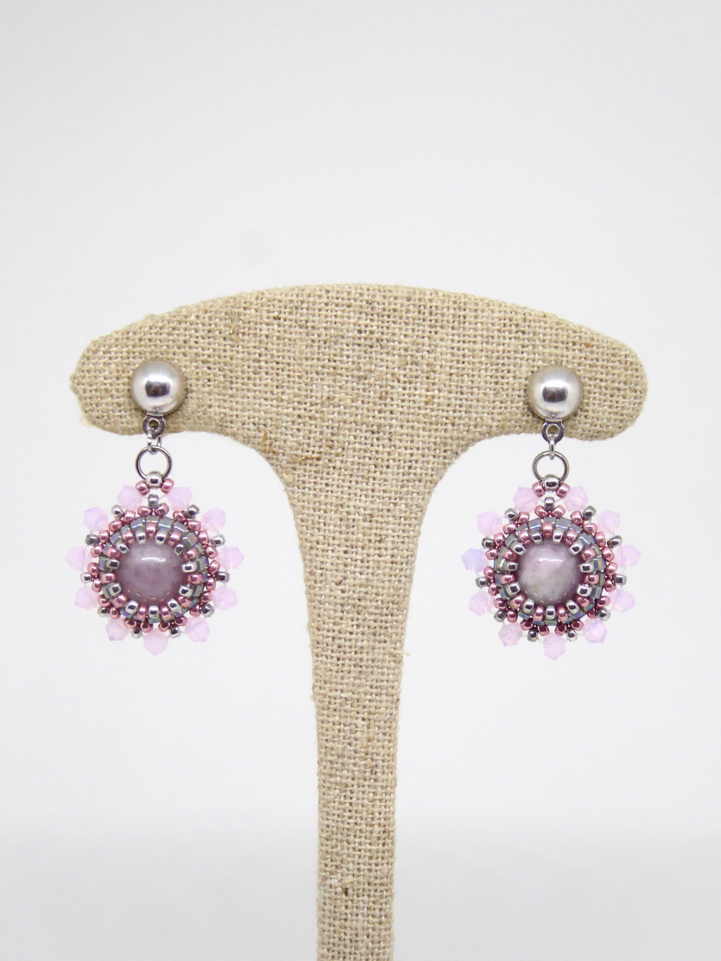 Boucles d’oreilles Lune - Tiss’Mé - pierre naturelle Kunzite - tissage perles Miyuki - argent 925/1000