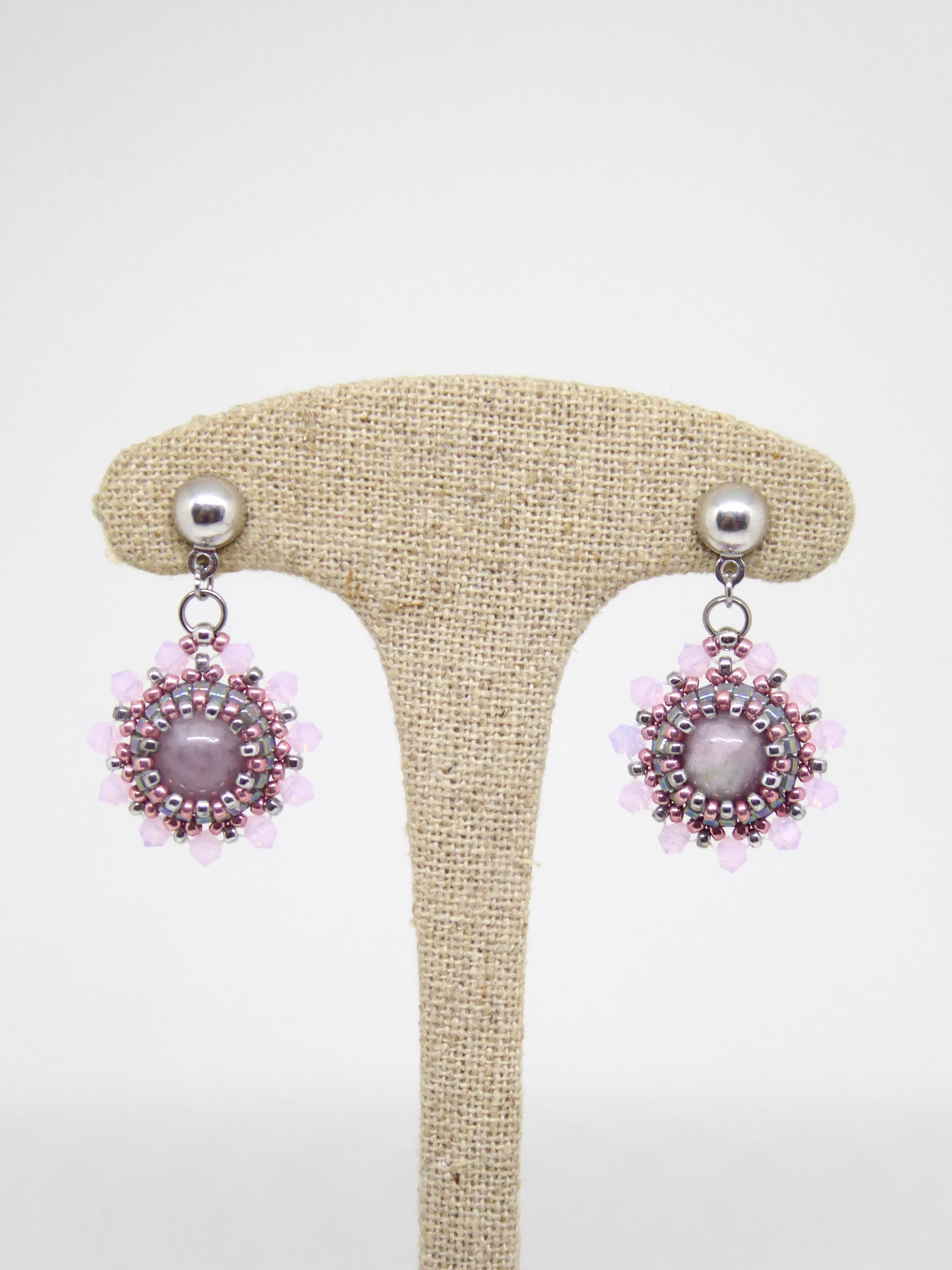 Boucles d’oreilles Lune - Tiss’Mé - pierre naturelle Kunzite - tissage perles Miyuki - argent 925/1000