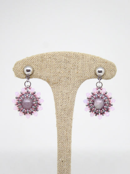 Boucles d’oreilles Lune - Tiss’Mé - pierre naturelle Kunzite - tissage perles Miyuki - argent 925/1000