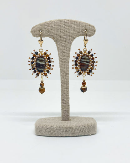 Boucles d’oreilles Phoenix - Tiss’Mé - pierre naturelle Variscite - tissage perles Miyuki - gold filled 14k