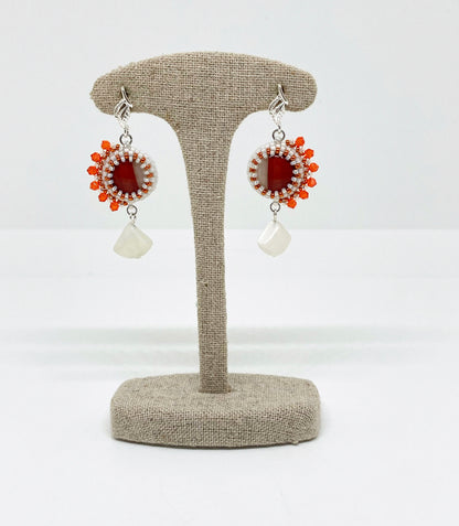 Boucles d’oreilles Roswell - Tiss’Mé - pierre naturelle Jaspe rouge/blanc - tissage perles Miyuki - argent 925/1000