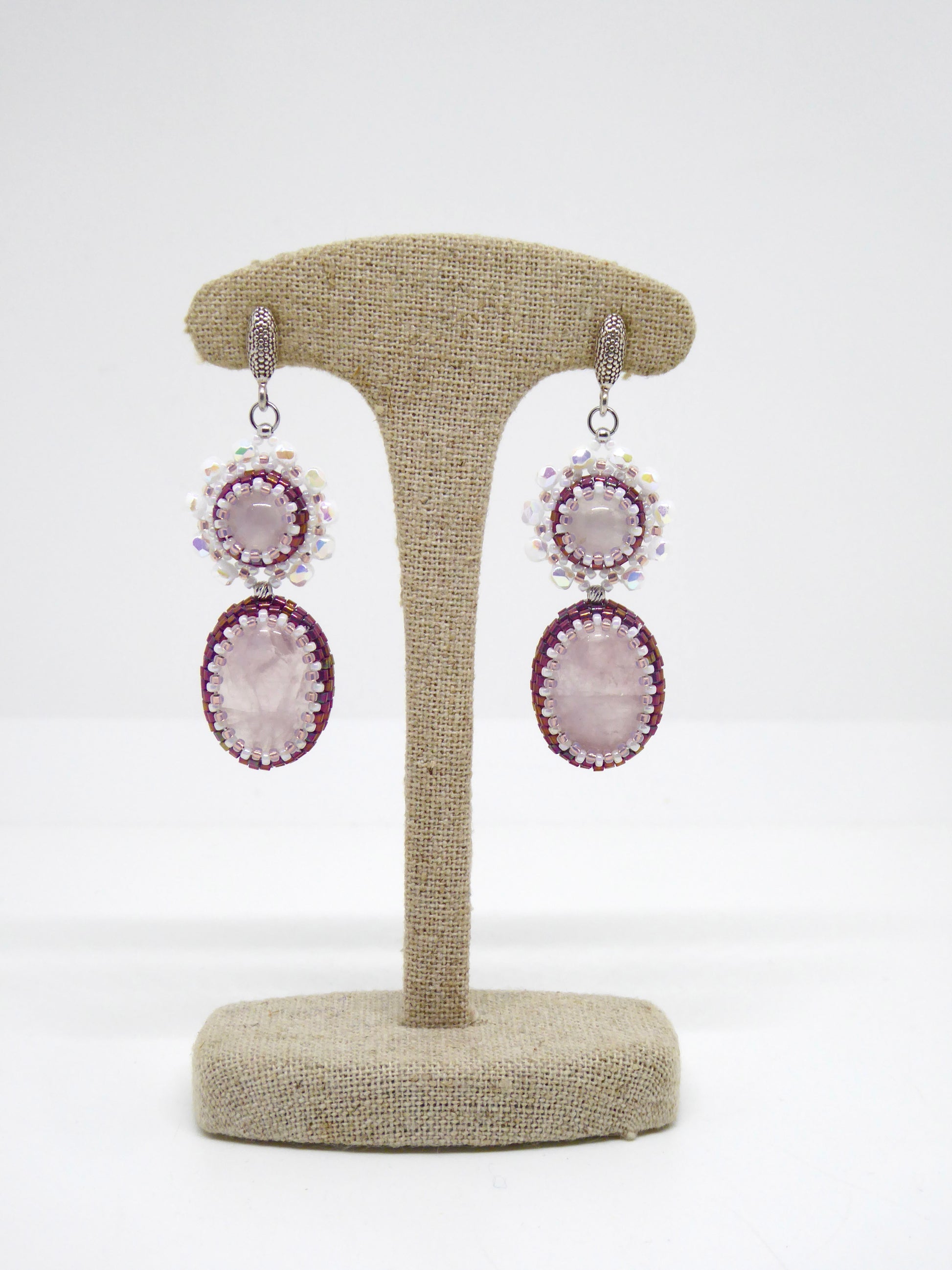Boucles d’oreilles Séoul - Tiss’Mé - pierre naturelle Quartz rose - tissage perles Miyuki - argent 925/1000