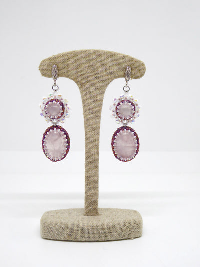 Boucles d’oreilles Séoul - Tiss’Mé - pierre naturelle Quartz rose - tissage perles Miyuki - argent 925/1000