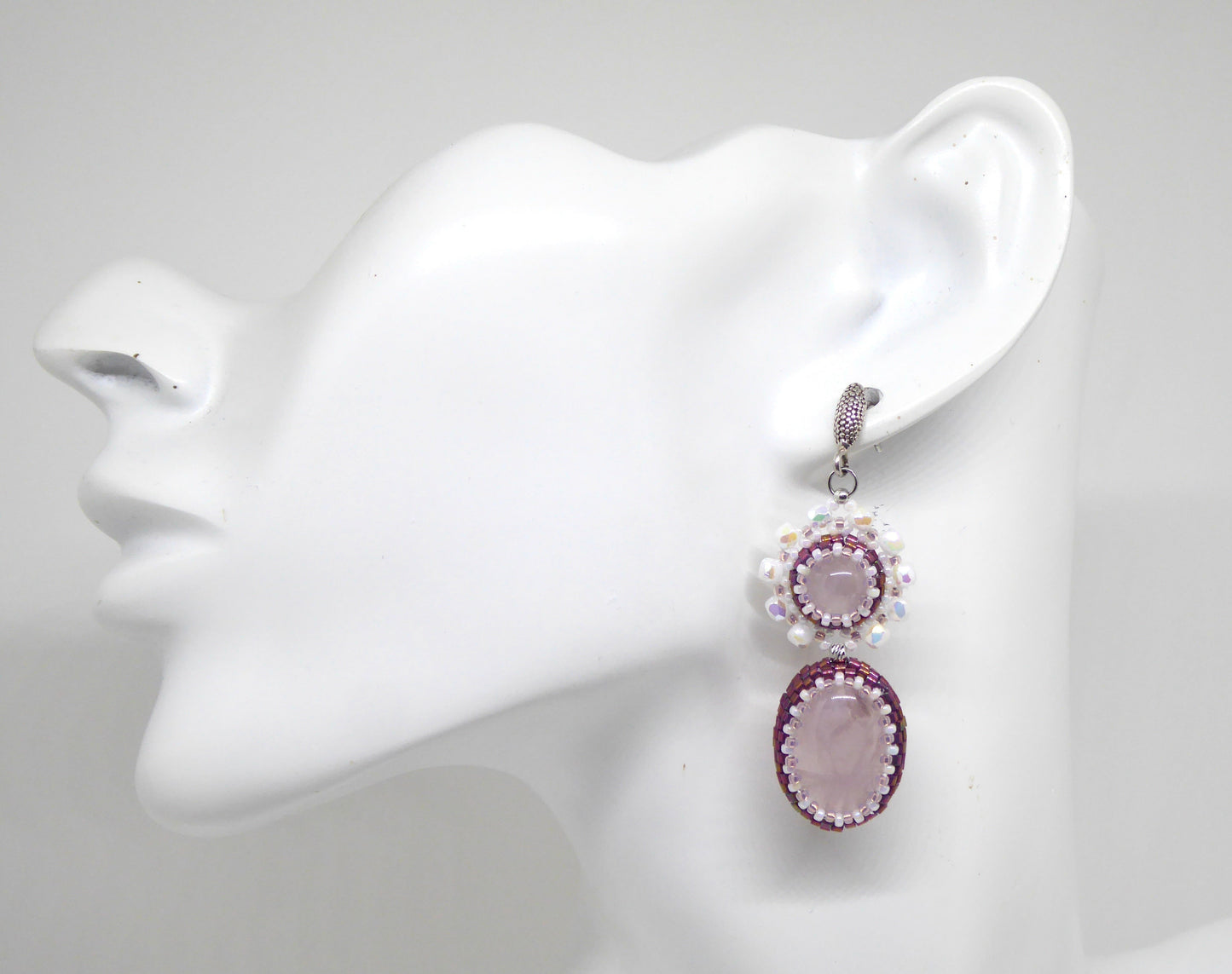 Boucles d'oreilles Séoul - pierre portée Quartz rose - Bijoux artisanaux Tiss'Mé