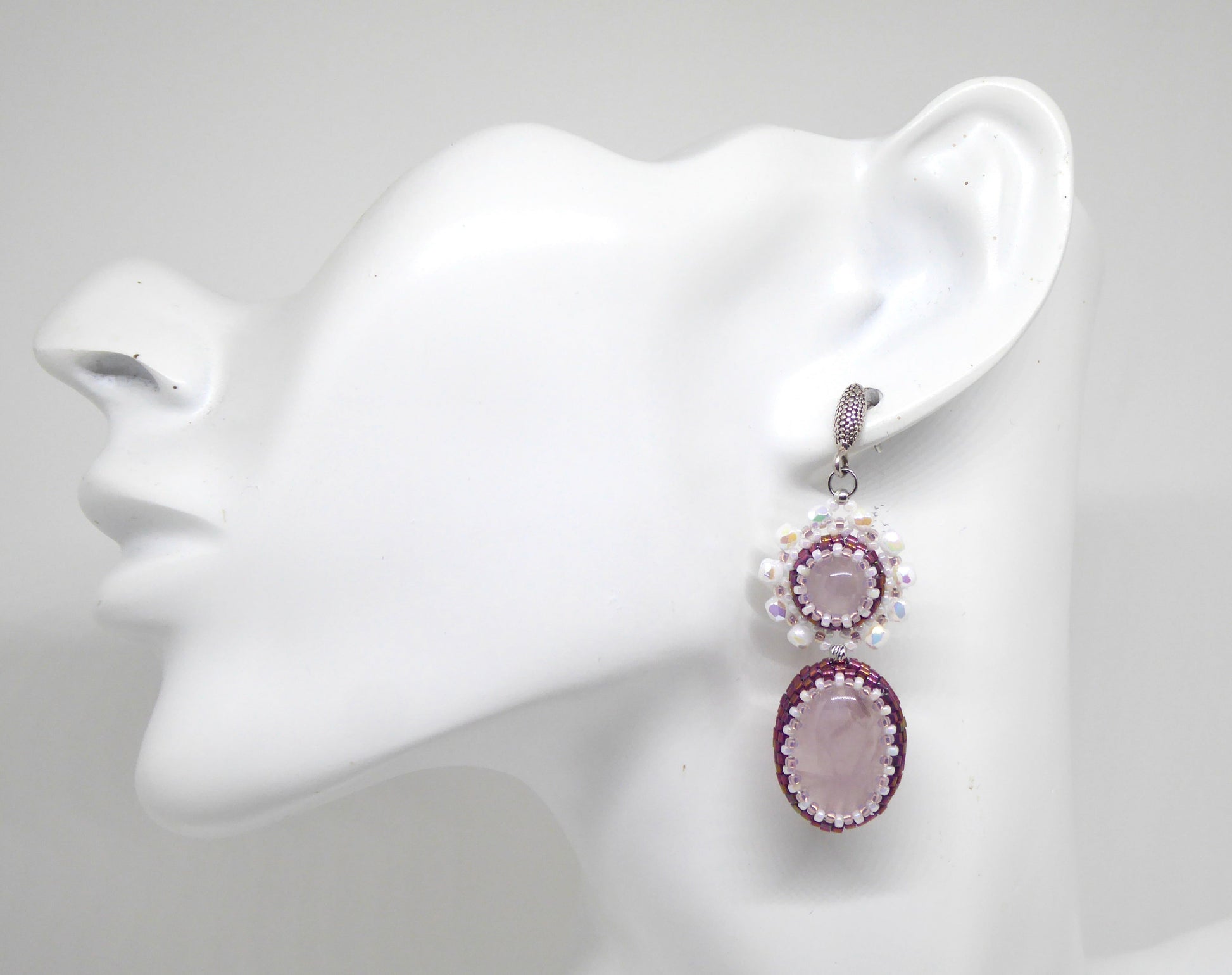Boucles d'oreilles Séoul - pierre portée Quartz rose - Bijoux artisanaux Tiss'Mé
