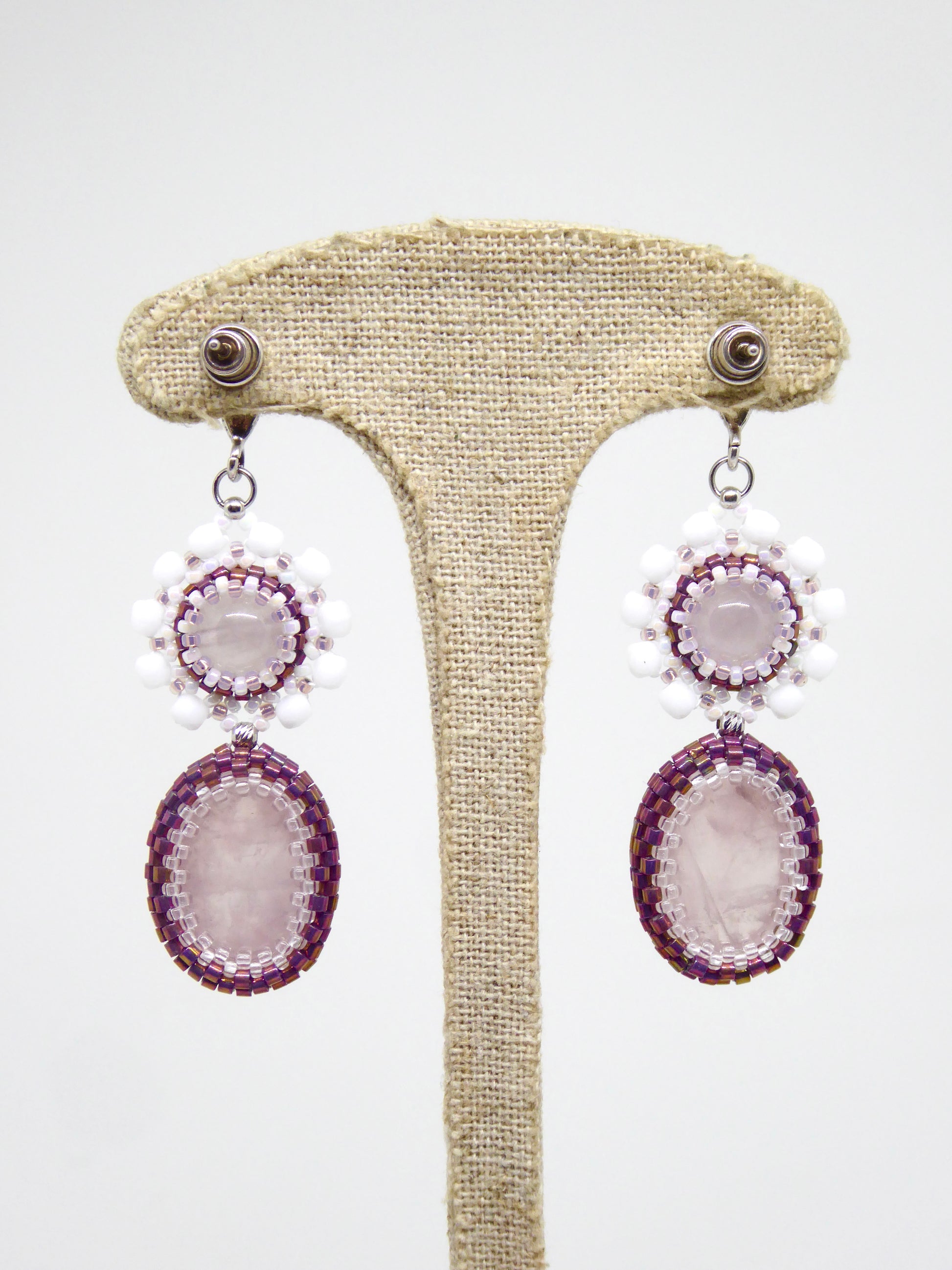 Verso boucles d'oreilles Séoul - Tiss'Mé - sertissage pierre naturelle Quartz rose - perles Miyuki