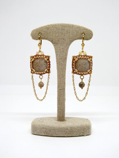 Boucles d’oreilles Sumatra - Tiss’Mé - minéral naturel Corail fossile - tissage perles Miyuki - gold filled 14k
