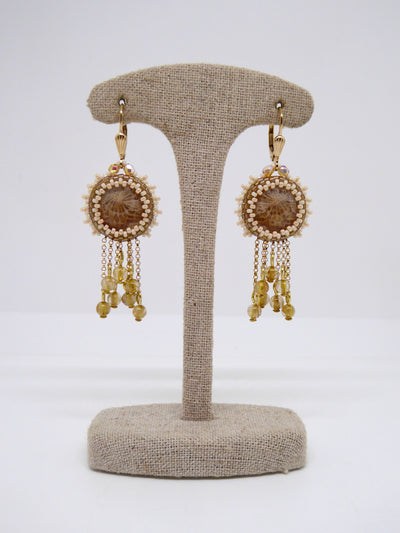 Boucles d’oreilles Sumatra - Tiss’Mé - minéral naturel Corail fossile - tissage perles Miyuki - gold filled 14k