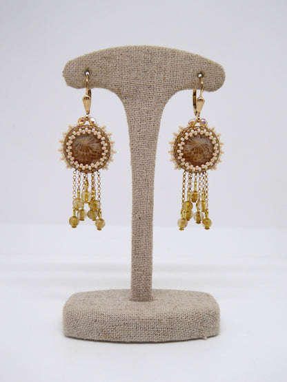 Boucles d’oreilles Sumatra - Tiss’Mé - minéral naturel Corail fossile - tissage perles Miyuki - gold filled 14k
