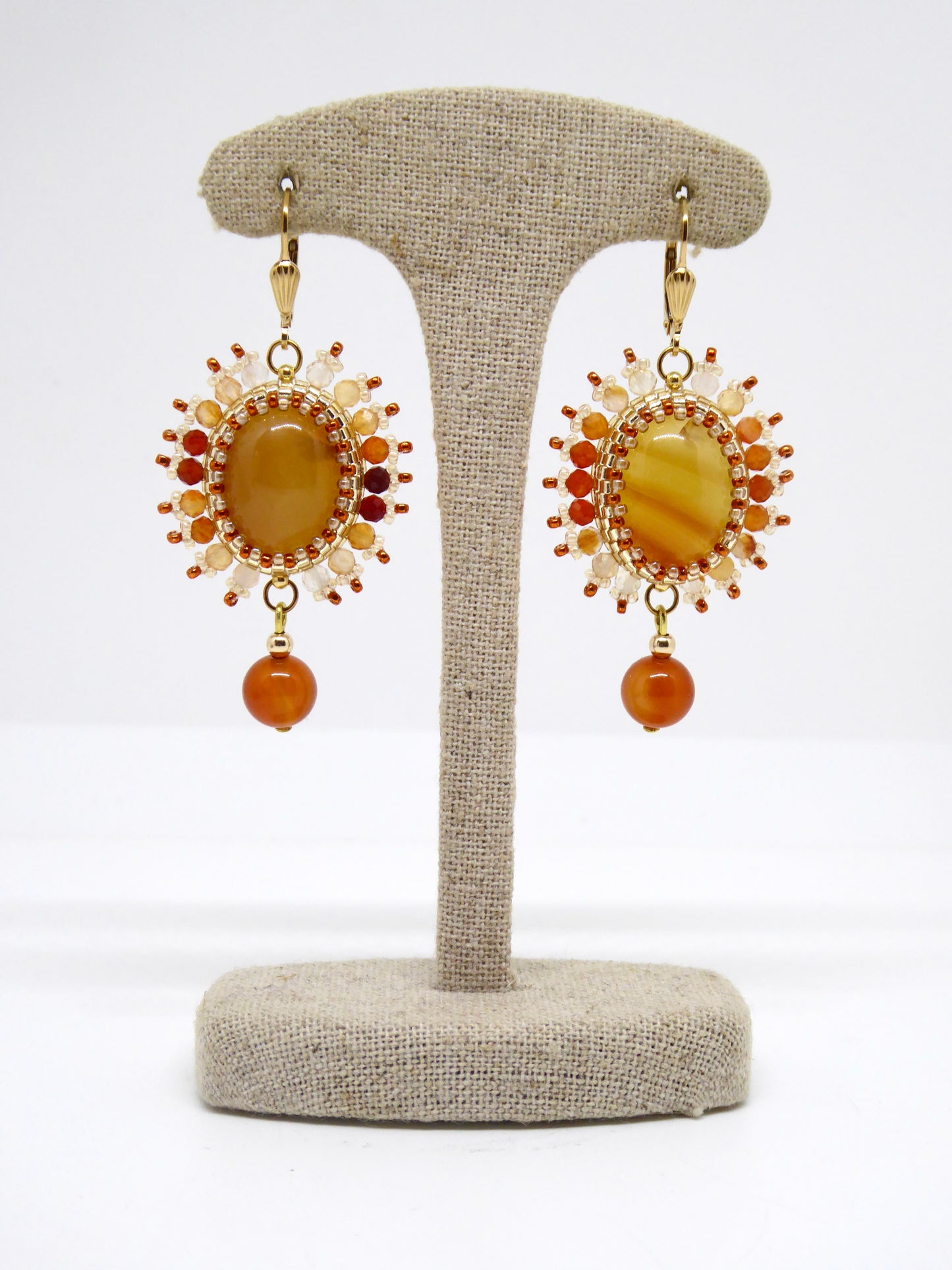 Boucles d’oreilles Tana - Tiss’Mé - pierre naturelle Cornaline - tissage perles Miyuki - gold filled 14k