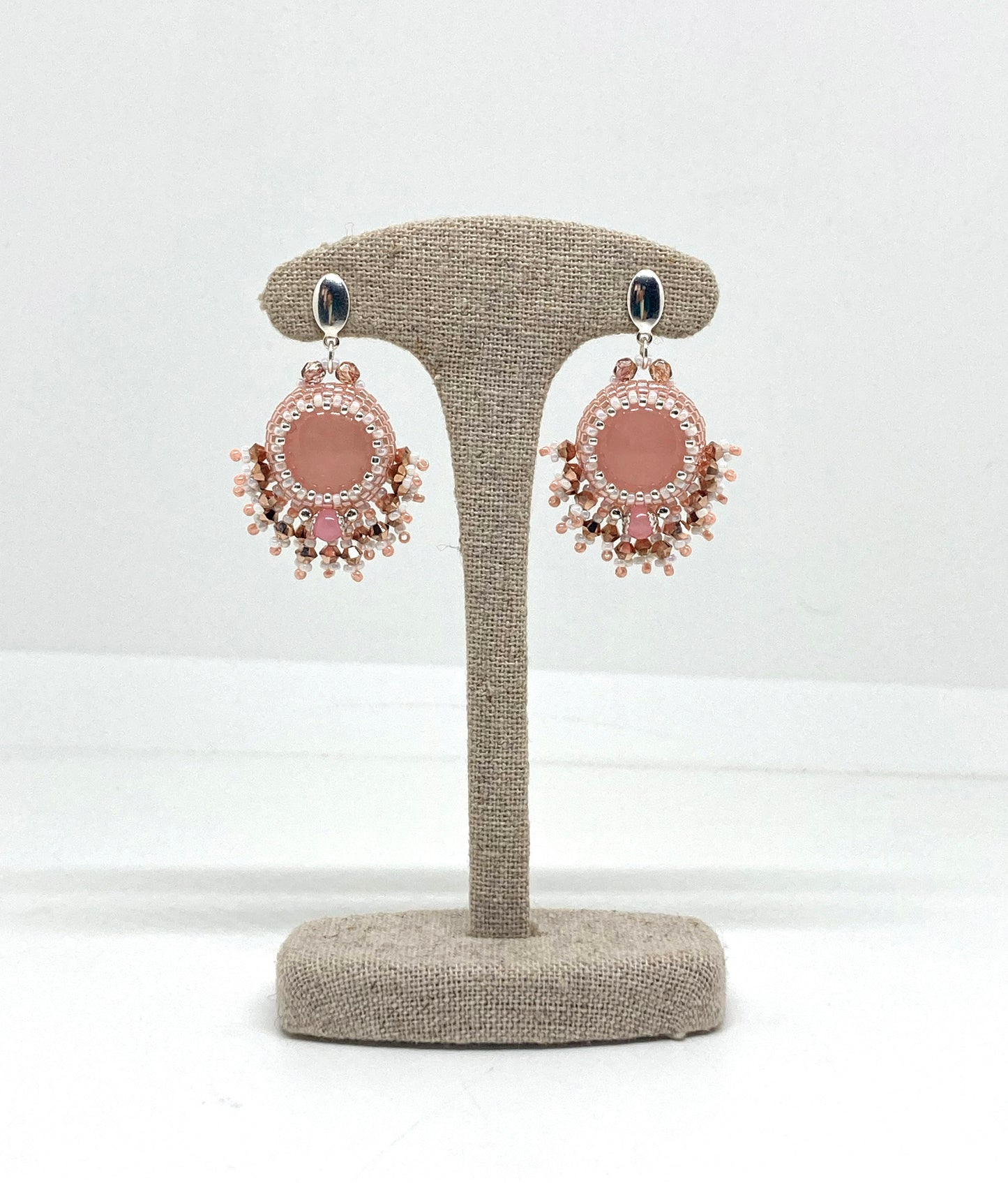 Boucles d’oreilles Venise - Tiss’Mé - pierre naturelle Quartz rose - tissage perles Miyuki - argent 925/1000
