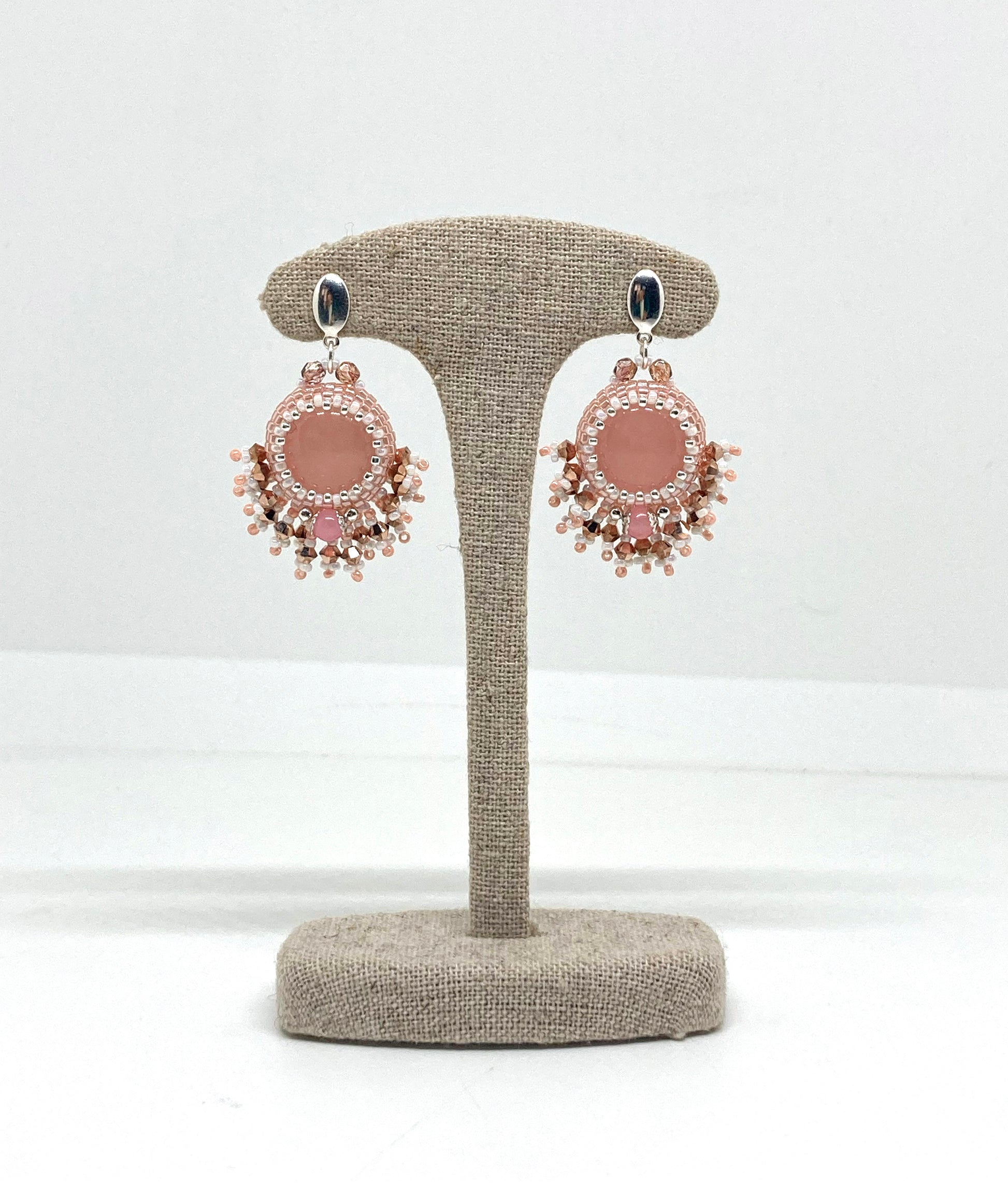 Boucles d’oreilles Venise - Tiss’Mé - pierre naturelle Quartz rose - tissage perles Miyuki - argent 925/1000