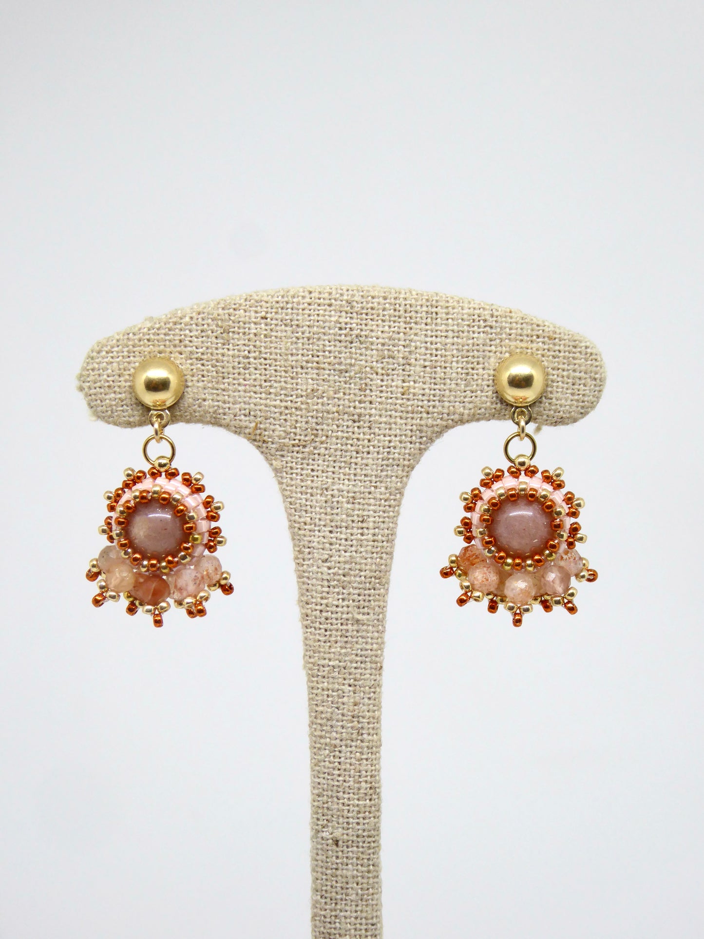 Boucles d’oreilles Vénus - Tiss’Mé - pierre naturelle Pierre de soleil - tissage perles Miyuki - argent 925/1000 doré 3 microns