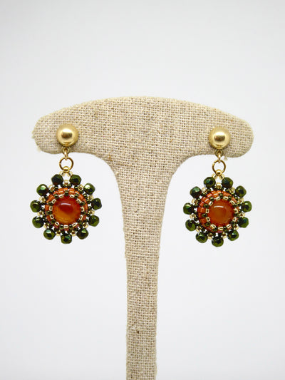 Boucles d’oreilles Vénus - Tiss’Mé - pierre naturelle Cornaline - tissage perles Miyuki - argent 925/1000 doré 3 microns