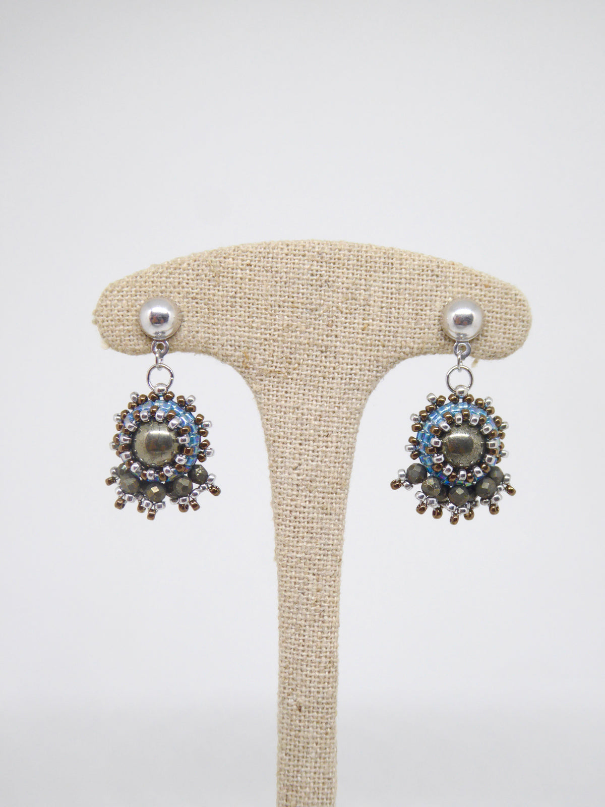 Boucles d’oreilles Soleil - Tiss’Mé - pierre naturelle Pyrite - tissage perles Miyuki - Argent 925/1000