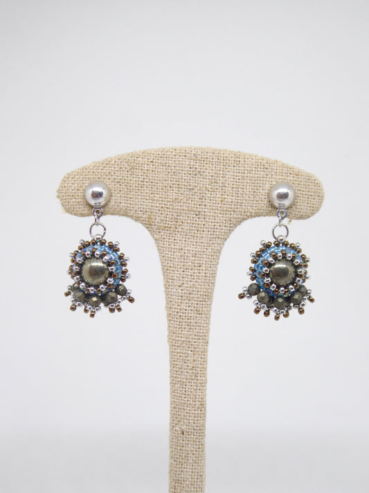 Boucles d’oreilles Soleil - Tiss’Mé - pierre naturelle Pyrite - tissage perles Miyuki - Argent 925/1000