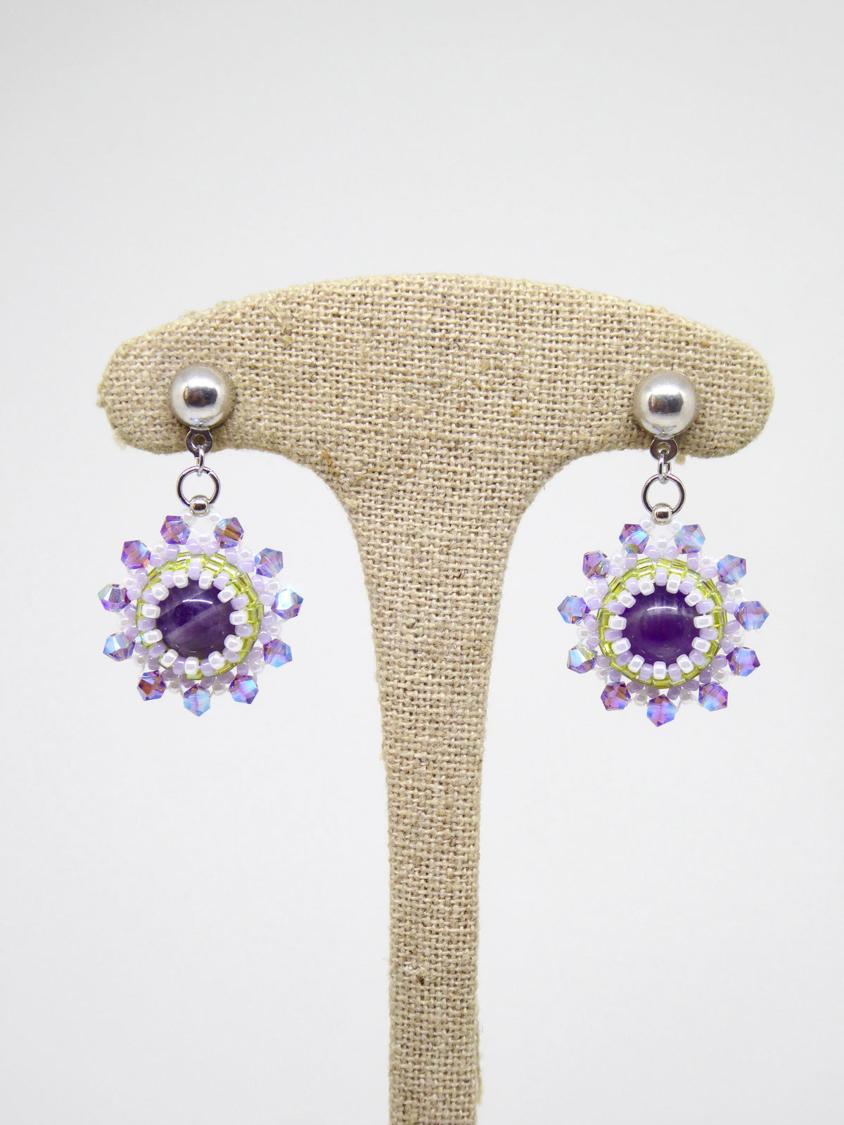 Boucles d’oreilles Jupiter - Tiss’Mé - pierre naturelle Améthyste - tissage perles Miyuki - argent 925/1000