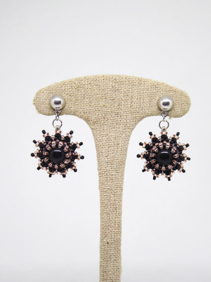Boucles d’oreilles Mars - Tiss’Mé - pierre naturelle Tourmaline noire - tissage perles Miyuki - argent 925/1000