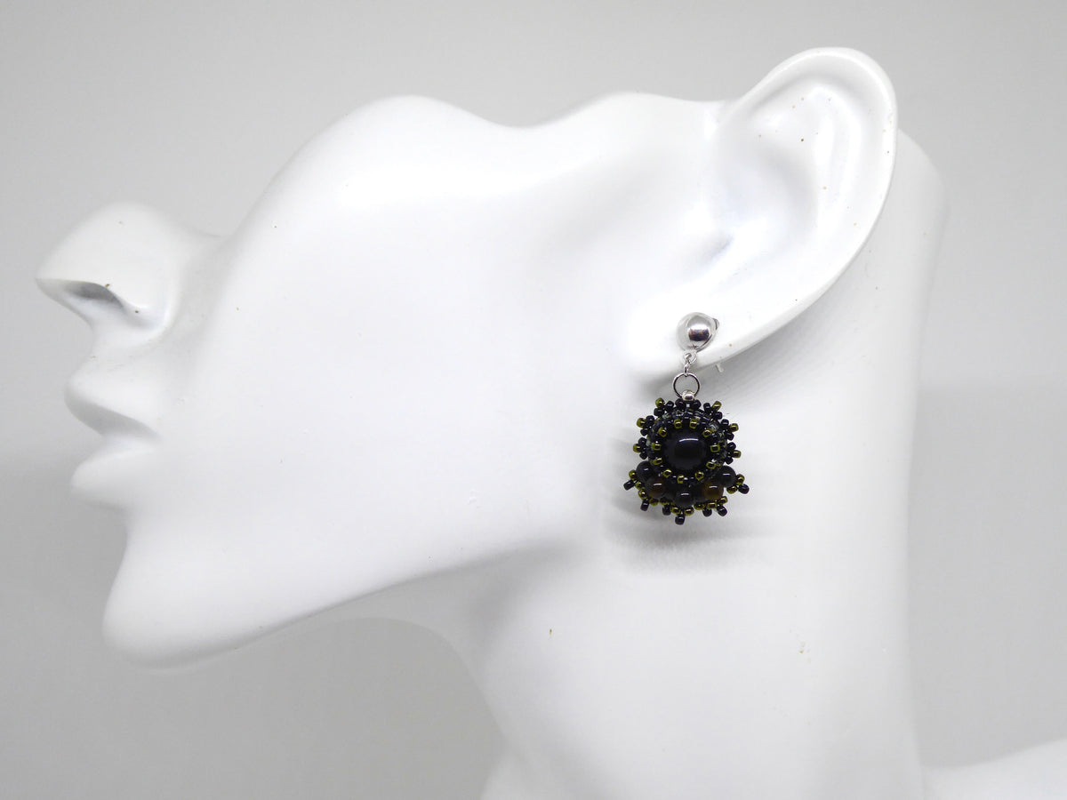 Boucles d'oreilles Mars - pierre portée Obsidienne noire - Bijoux artisanaux Tiss'Mé
