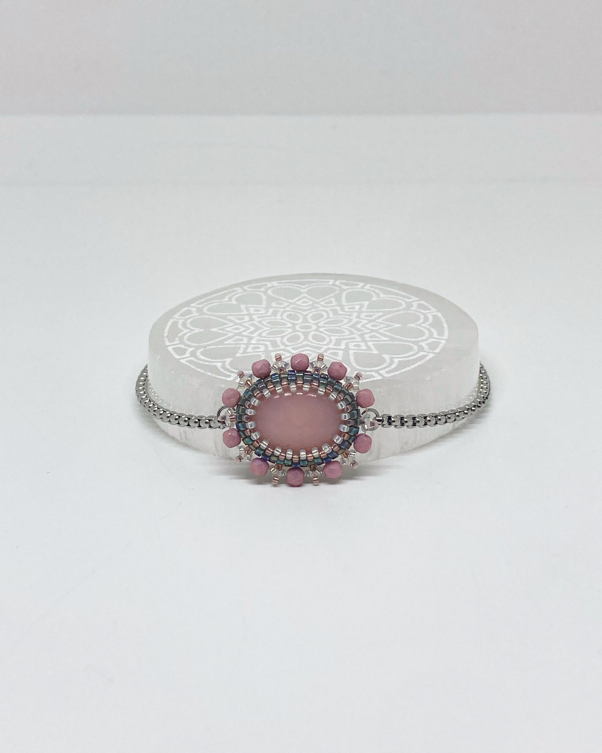 Bracelet Nassau Tiss’Mé - pierre naturelle Opale rose - tissage perles Miyuki - artisanat d'art