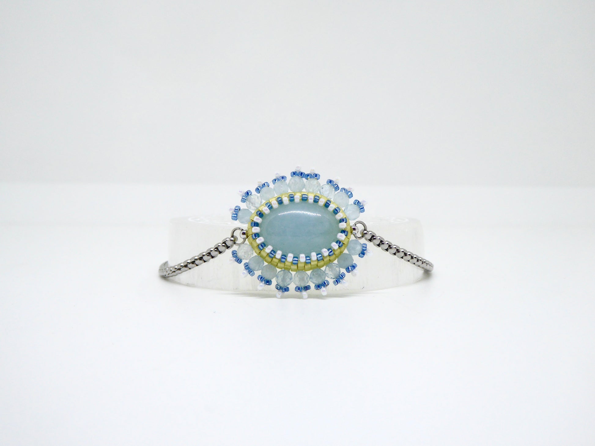 Bracelet Baikal Tiss’Mé - pierre naturelle Aigue marine - tissage perles Miyuki - artisanat d'art
