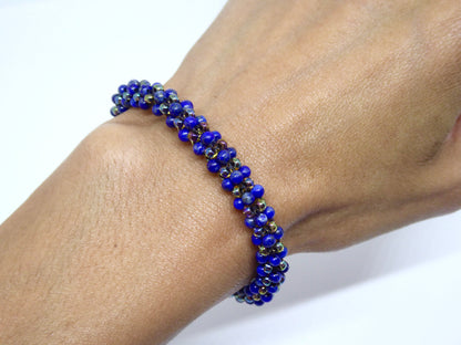 Bracelet perlé porté 15cm - pierre naturelle Lapis-Lazuli et rocailles Miyuki - bijou artisanal tissé main à Paris - Tiss’Mé
