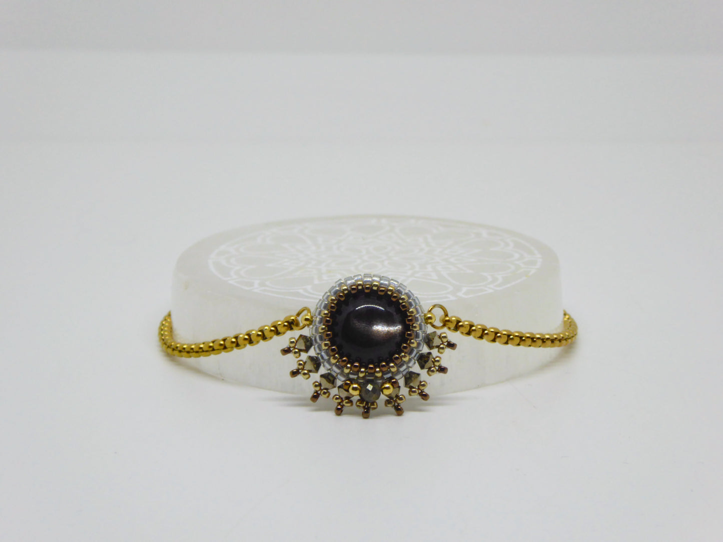 Bracelet Morombe Tiss’Mé - pierre naturelle Pierre de Lune noire - tissage perles Miyuki - artisanat d'art