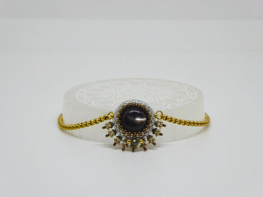Bracelet Morombe Tiss’Mé - pierre naturelle Pierre de Lune noire - tissage perles Miyuki - artisanat d'art