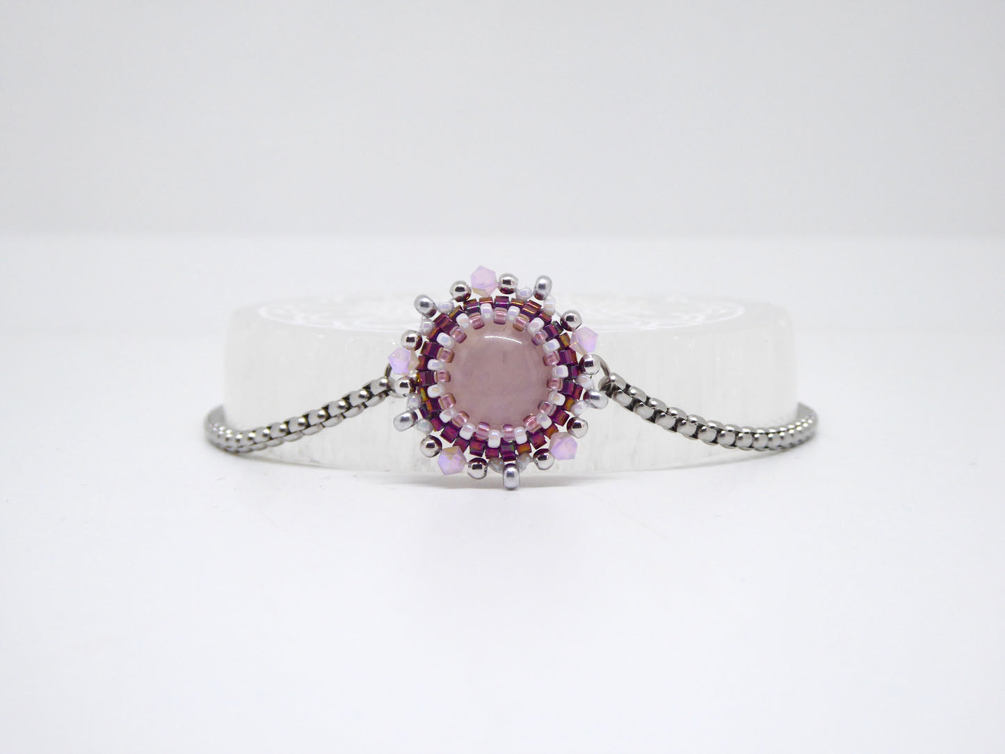 Bracelet Séoul Tiss’Mé - pierre naturelle quartz rose - tissage perles Miyuki - artisanat d'art