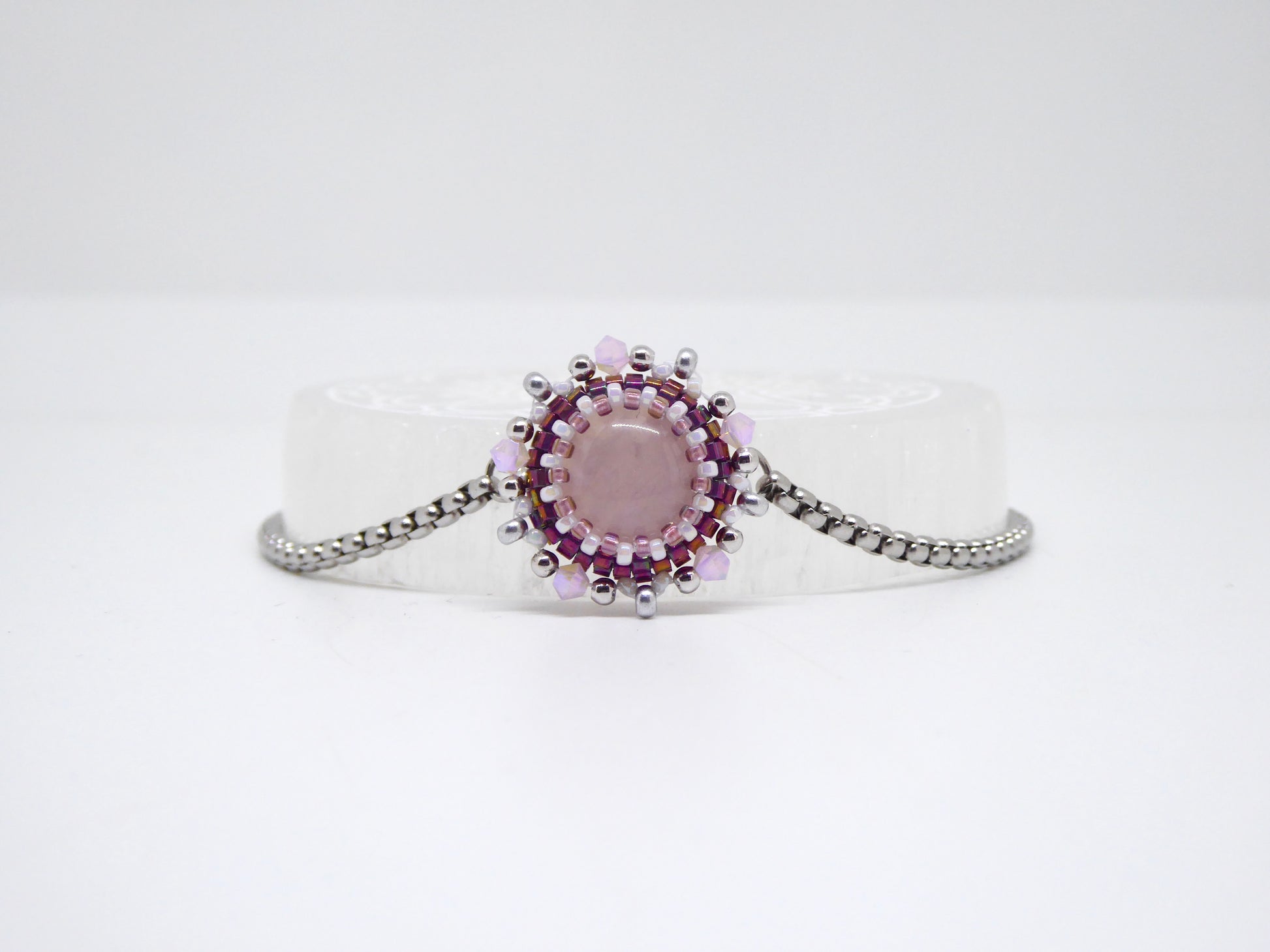 Bracelet Séoul Tiss’Mé - pierre naturelle quartz rose - tissage perles Miyuki - artisanat d'art