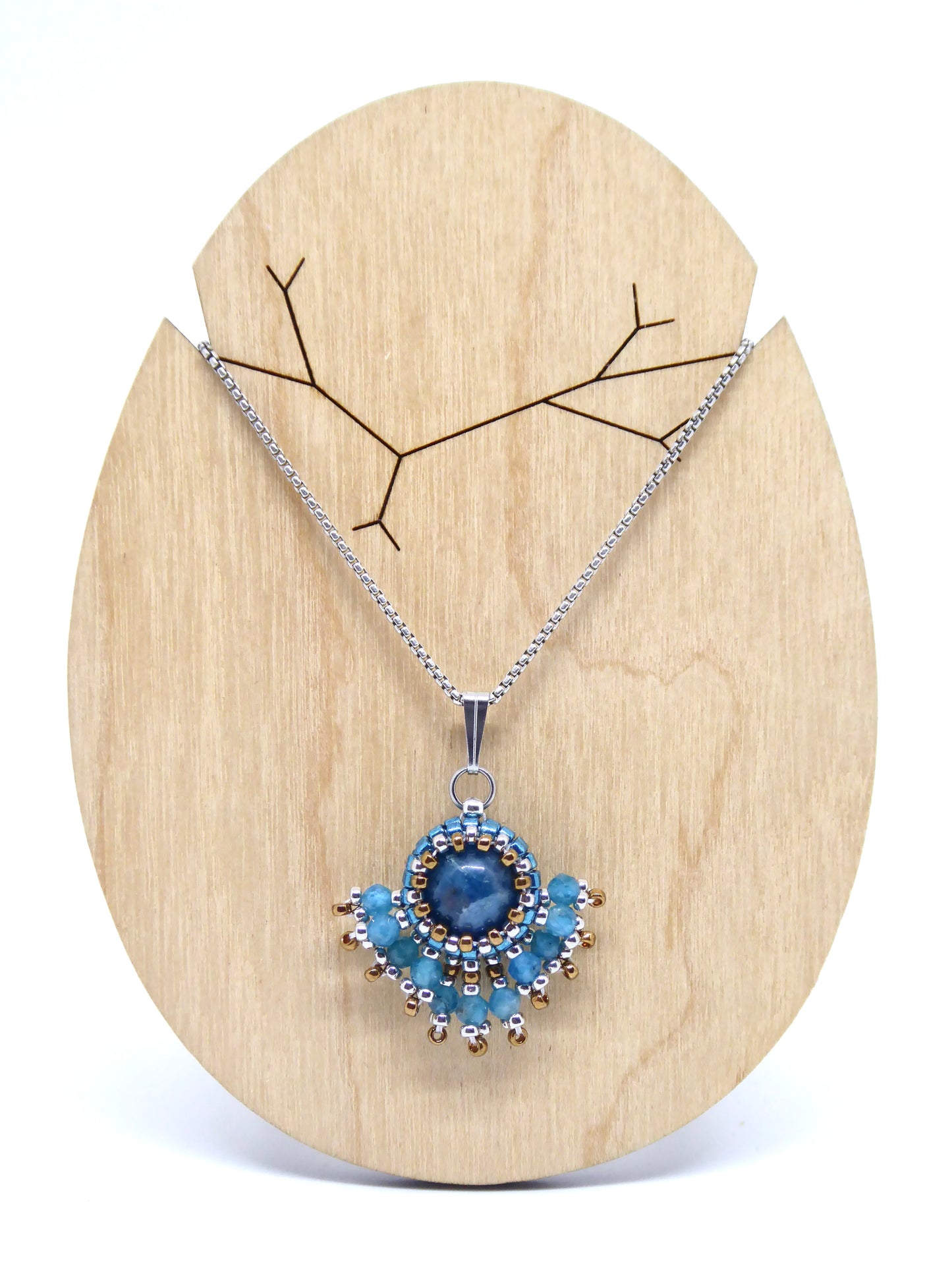 Charms - Tiss’Mé - pierre naturelle Apatite bleue - tissage perles Miyuki - acier inoxydable
