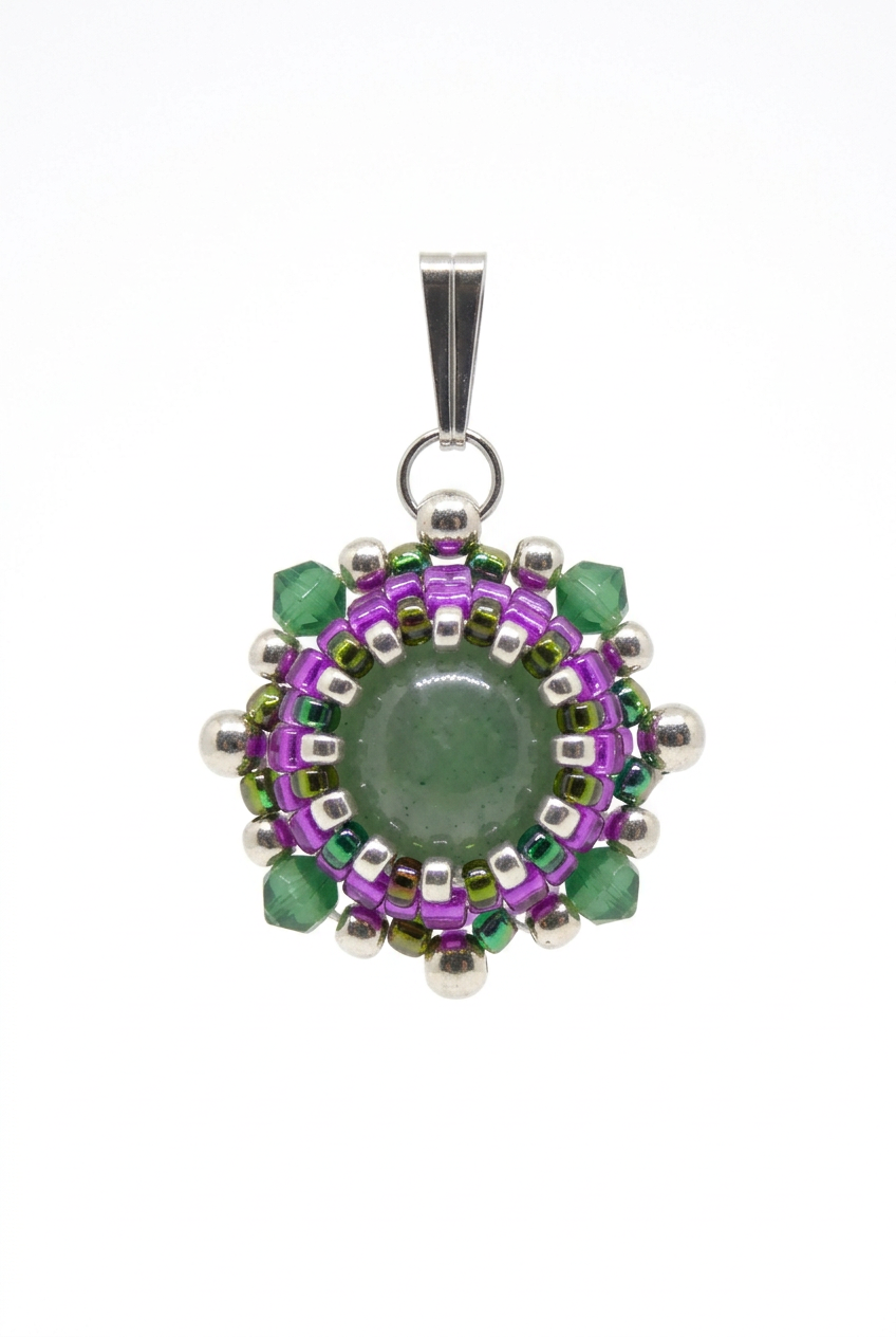 Charms/pendentif pierre naturelle Aventurine verte - Tiss'Mé bijoux - artisanat paris - sertissage perles Miyuki - fait main