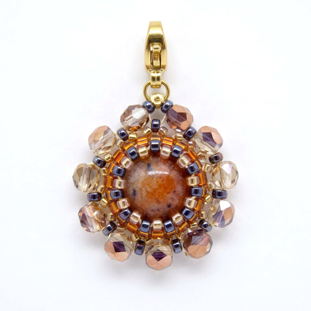 Charm/pendentif pierre naturelle Calcite orange - Tiss'Mé bijoux - artisanat paris - sertissage perles Miyuki - fait main 