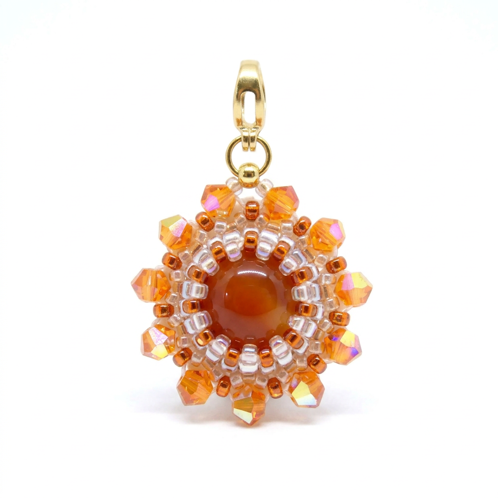 Charm/pendentif pierre naturelle Cornaline - Tiss'Mé bijoux - artisanat paris - sertissage perles Miyuki - fait main