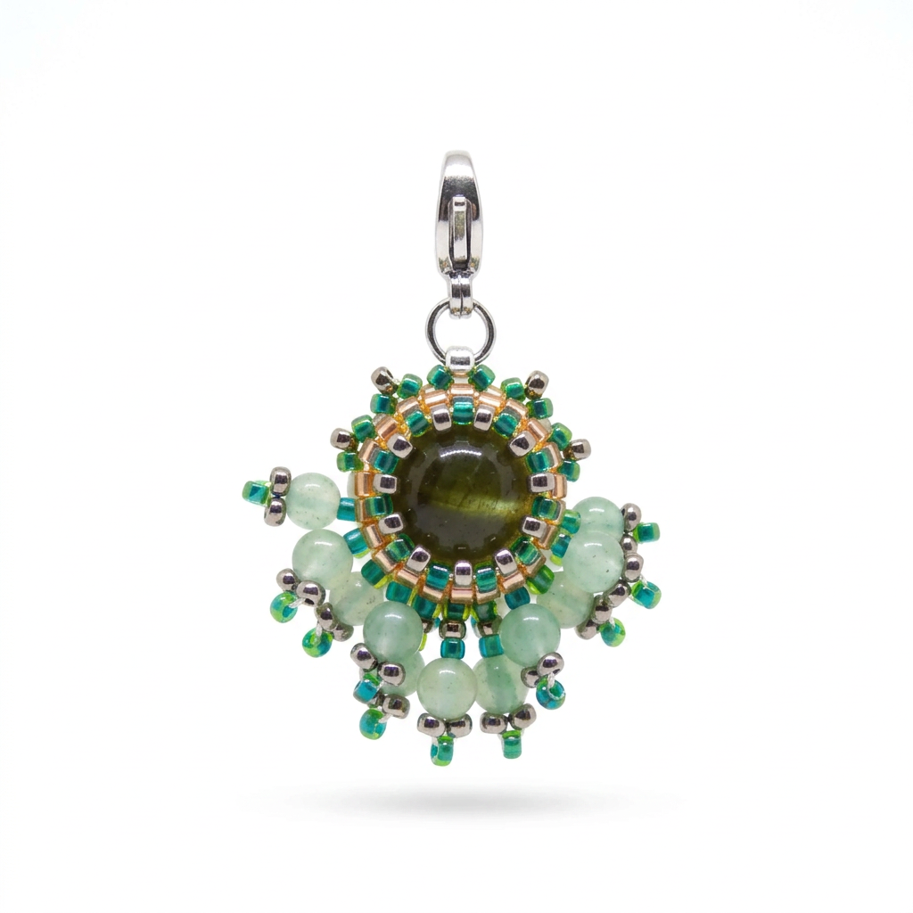 Charm/pendentif pierre naturelle Fluorite verte - Tiss'Mé bijoux - artisanat paris - sertissage perles Miyuki - fait main 