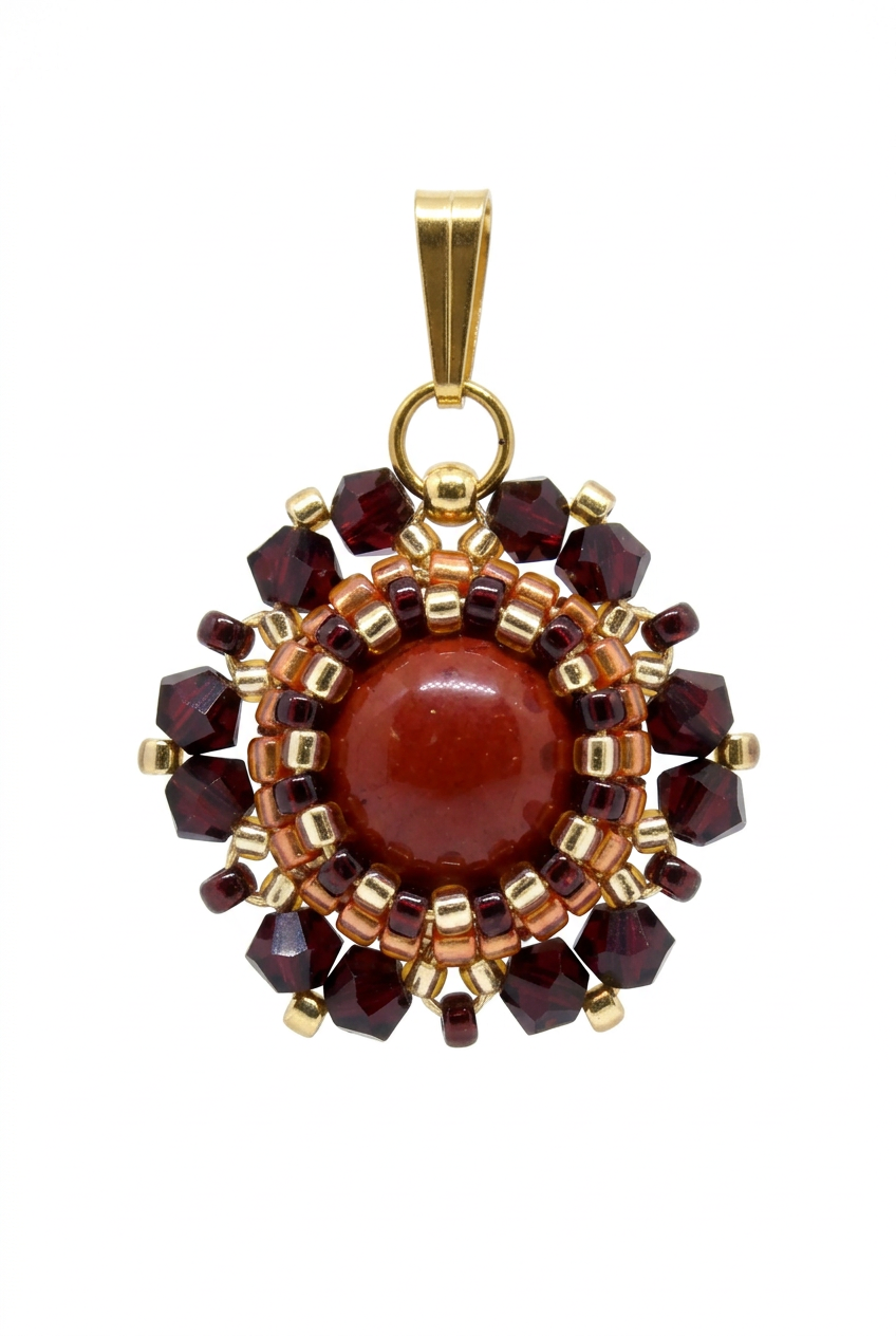 Charm/pendentif pierre naturelle Jaspe rouge - sertissage perles Miyuki - fait main à paris - artisanat Tiss'Mé bijoux