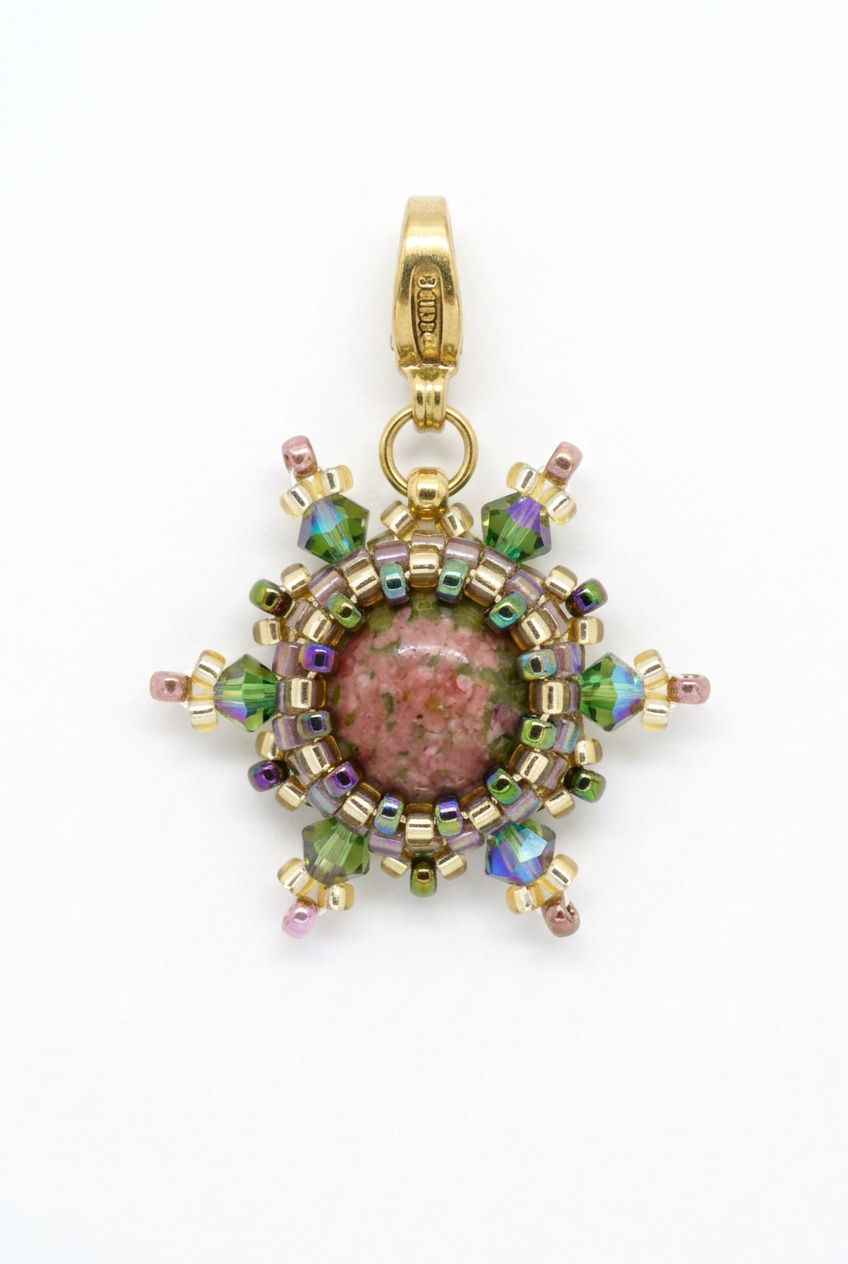 Charm/pendentif pierre naturelle Jaspe unakite - artisanat Tiss'Mé bijoux - fait main à Paris - sertissage perles Miyuki