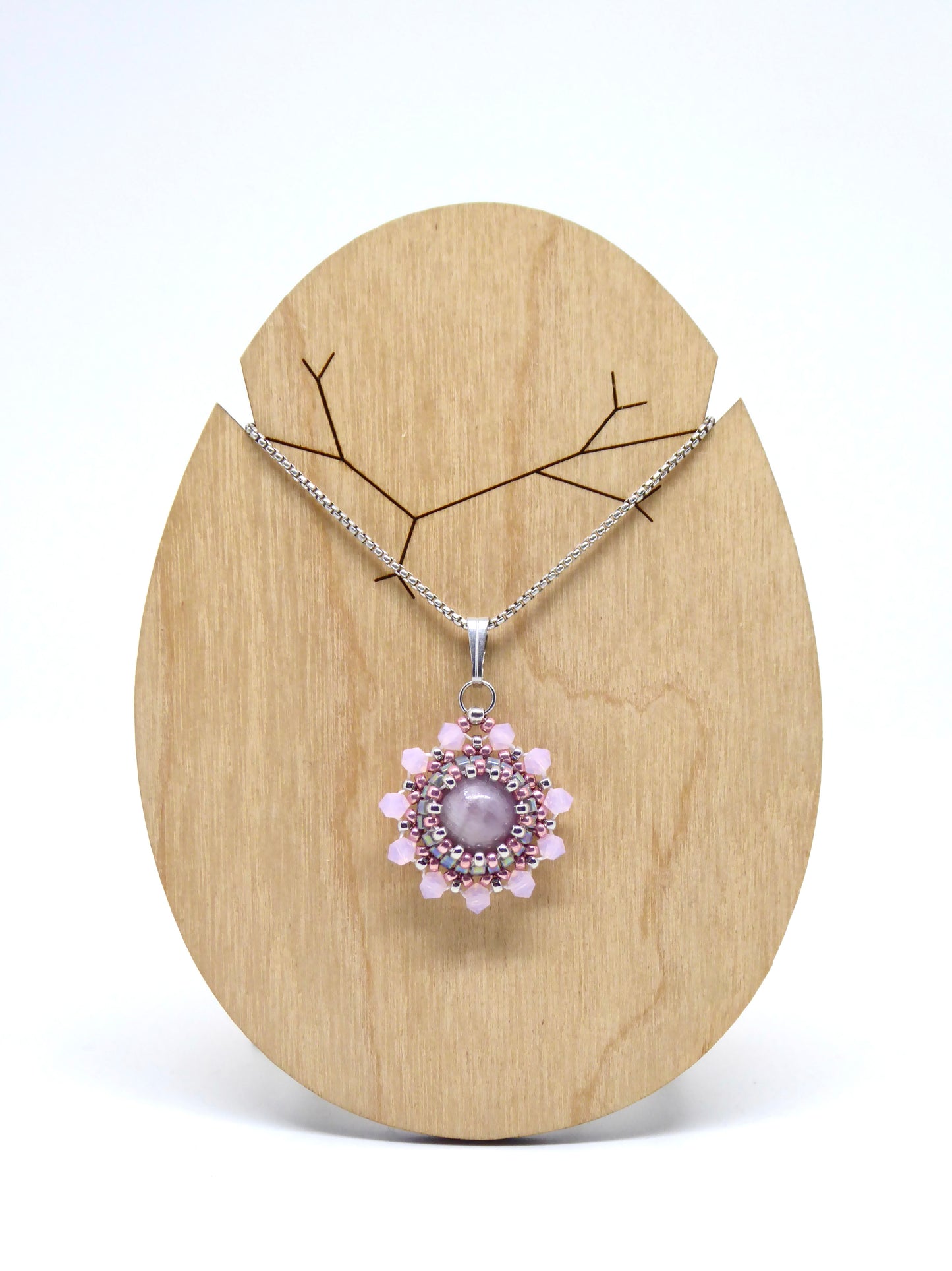 Charms - Tiss’Mé - pierre naturelle Kunzite - tissage perles Miyuki - acier inoxydable